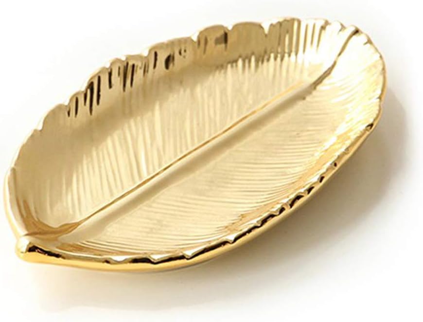 Golden Leaf Shaped Small Ceramic Jewelry Ring Dish Necklace Bracelet Holder Tray Organizer, Ceramic Decorative Trinket Dish for Wedding Party Woman Girl - Gold Leaf