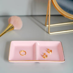 Ceramic Jewelry Dish Tray, 2 Compartment Ring Dish, Decorative Trinket Tray for Rings, Earrings, Keys, Birthday Christmas Gifts, Pink