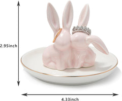 Bunny Ring Holder Rabbit Ring Dish Ceramic Jewelry Holder Dish Trinket tray for Rings Earrings Necklace Organizer, Wedding Engagement Ring Holder (Pink)