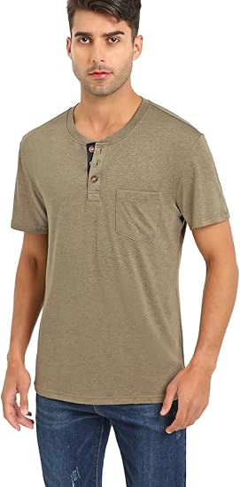 Mens Casual Short Sleeve Henley Shirts Fashion Button T Shirts with Pocket