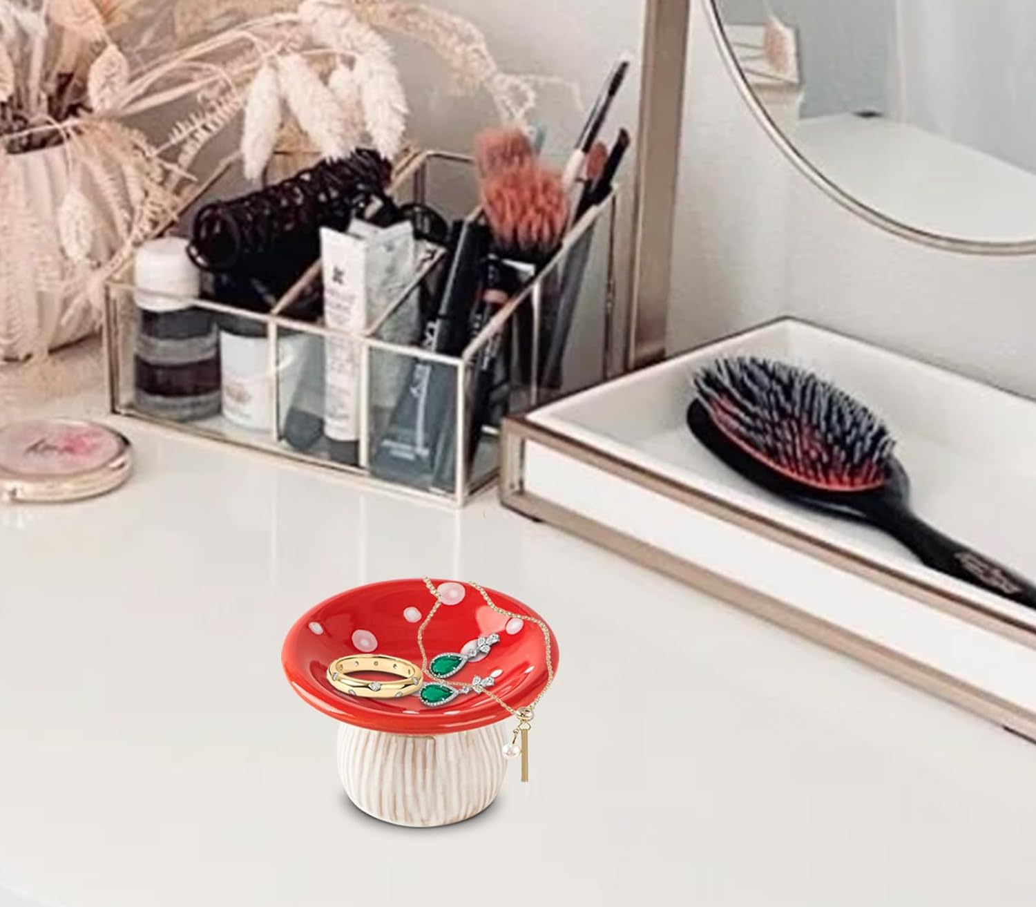 Mushroom Ring Holder Jewelry Tray Red Ring Dish Ceramic Trinket Storage Jar Mini Engagement Ring Holder