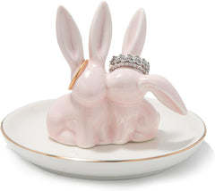 Bunny Ring Holder Rabbit Ring Dish Ceramic Jewelry Holder Dish Trinket tray for Rings Earrings Necklace Organizer, Wedding Engagement Ring Holder (Pink)