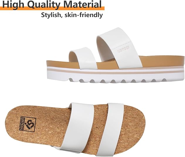 Flatform Platform Sandals Women Arch Support Beach Slides Orthotic Summer Causal Cork Footbed Adjustable Lightweight Thick Sole Comfortable Fashion Slip on Cushion Cute 2 Strap