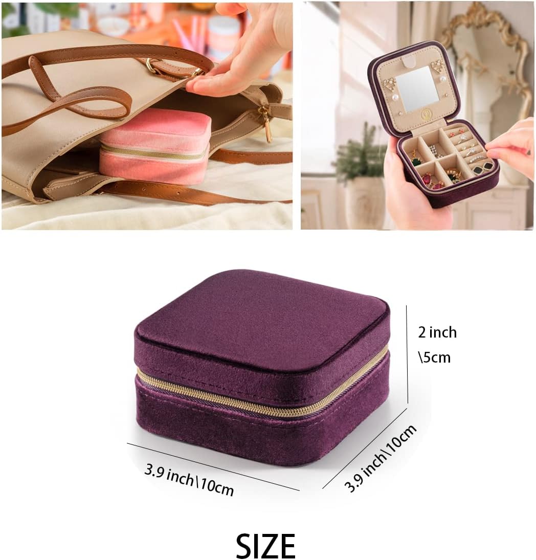 Plush Velvet Travel Jewelry Case, Travel Jewelry Organizer, Jewelry Travel Case, Travel Jewelry Box, Small Jewelry Case for Women,Jewelry Travel Box, Earring Organizer with Mirror - Purple