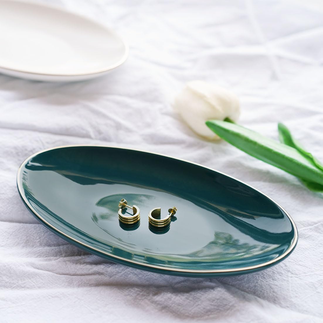 Ceramic Key Bowl for Entryway Table, 7 x 4 Key Dish Tray Catch All Bowl, Small Decorative Bowl for Key Jewelry Ring, Green