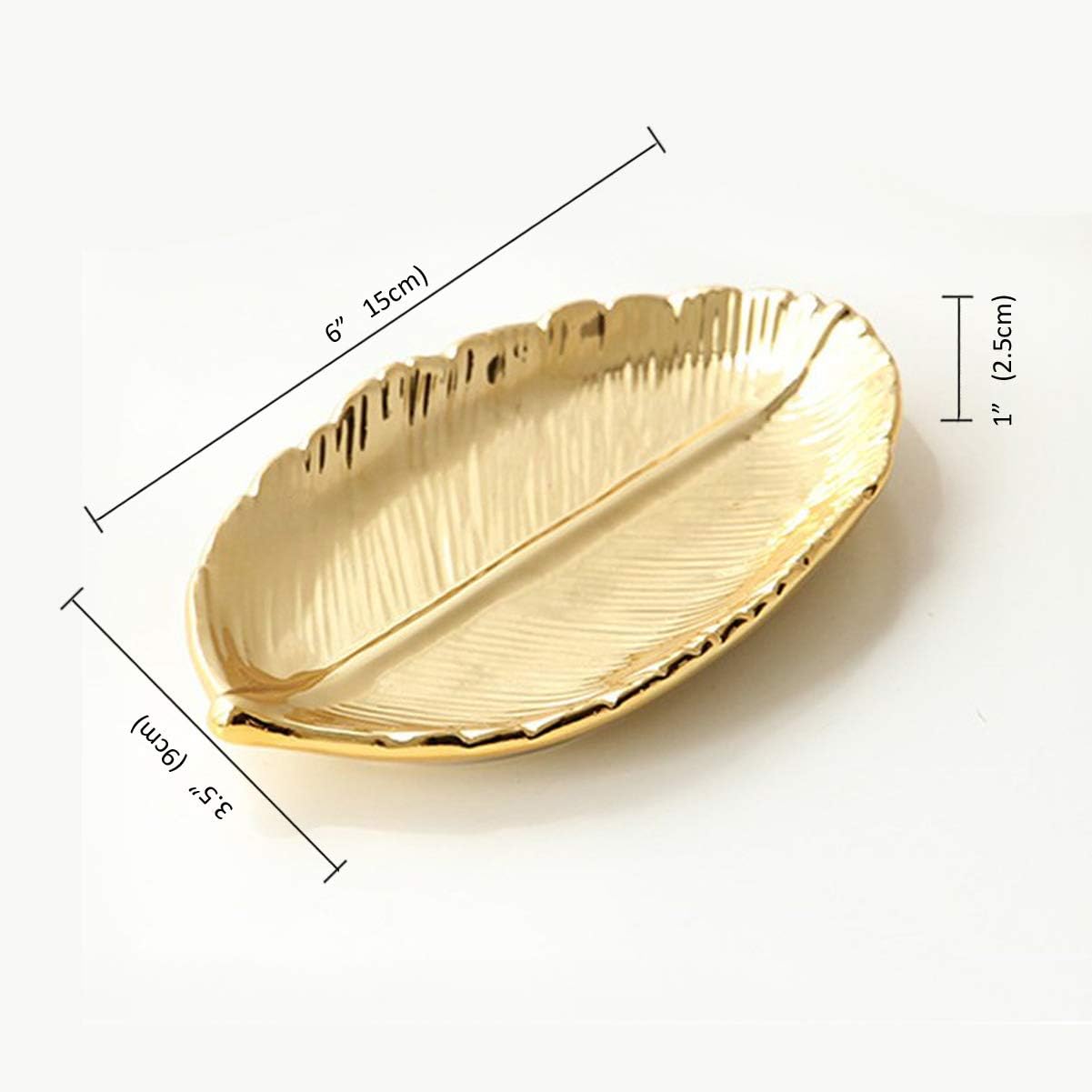 Golden Leaf Shaped Small Ceramic Jewelry Ring Dish Necklace Bracelet Holder Tray Organizer, Ceramic Decorative Trinket Dish for Wedding Party Woman Girl - Gold Leaf