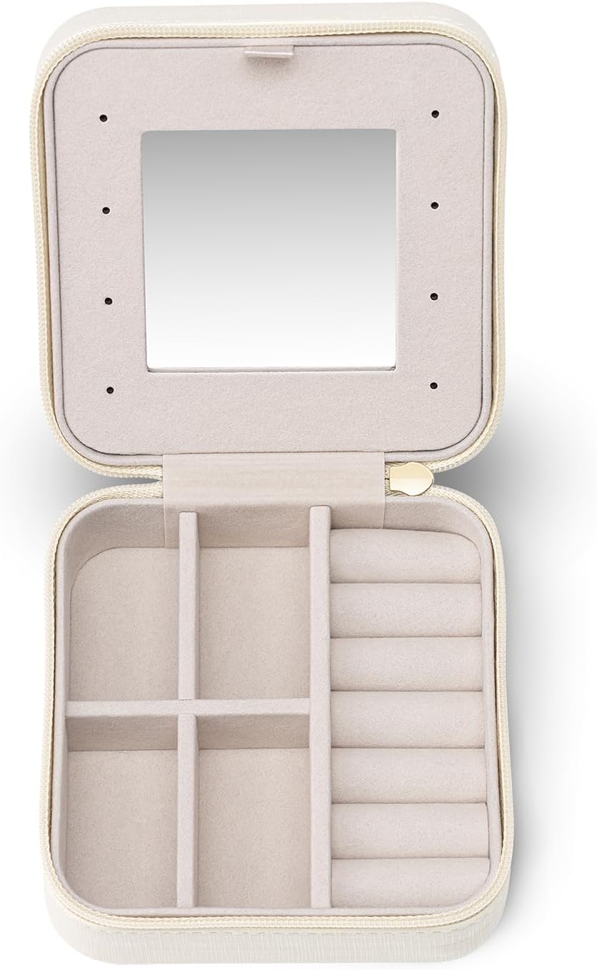 Small Travel Jewelry Box Organizer - Mirrored Carry-on Jewelries Necklaces Rings Earrings Necklace Storage Case, Beige