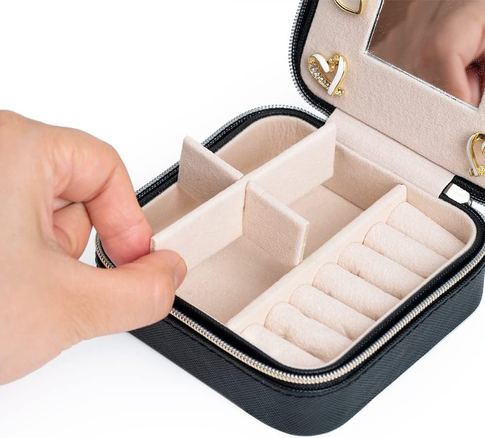 Mini Travel Jewelry Box Portable Jewelry Case for Earring, Ring, Necklace,Bracelet Small Jewlery Organizer with Zipper and Mirror (Black)