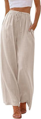 Women's Linen Summer Palazzo Pants Flowy Wide Leg Beach Pants with Pockets