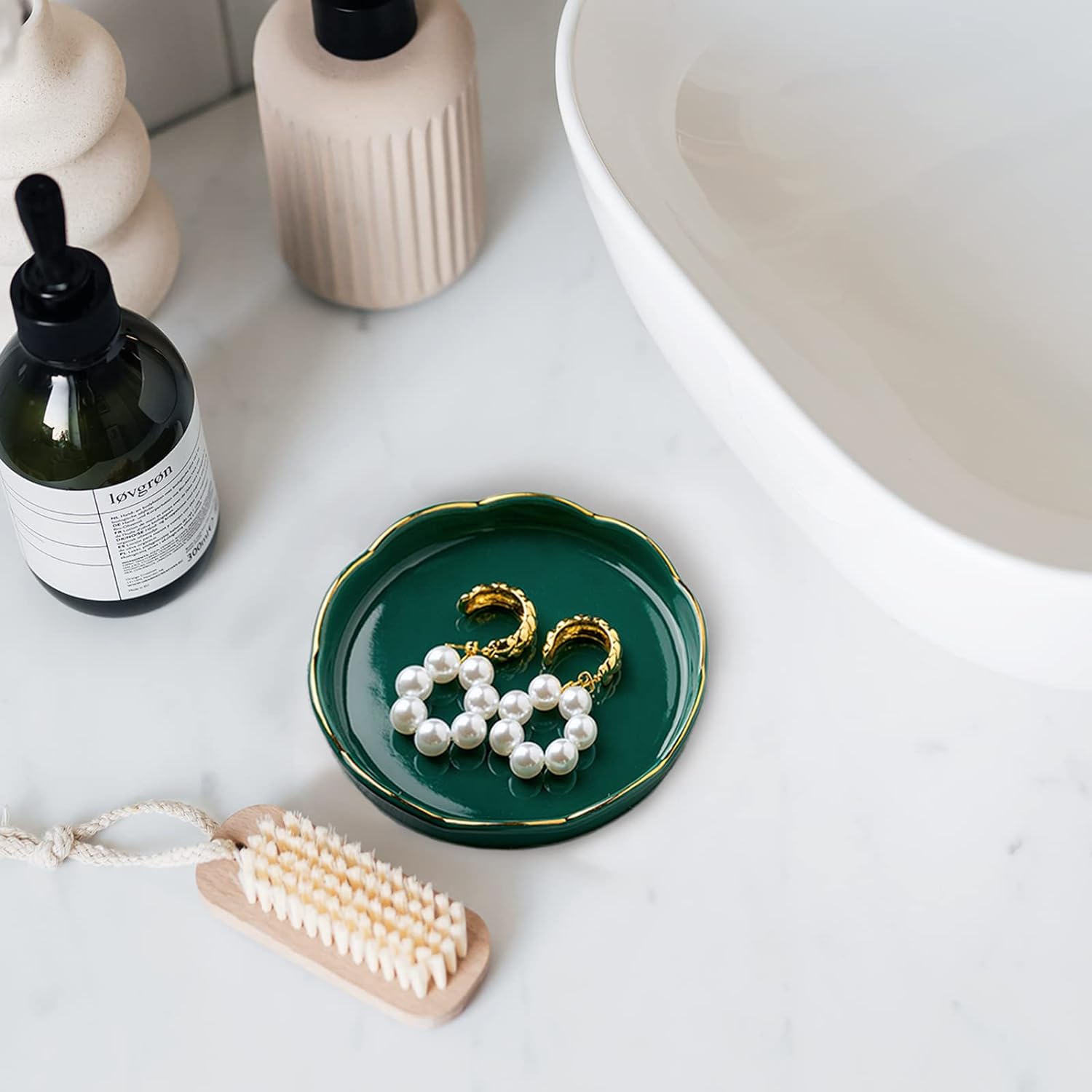 Ring Dish Ceramic Jewelry Tray, Trinket Dish Vanity Ring Tray for Jewelry - 4.5 Inch Round Jewelry Dish Tray for Earrings, Necklace, Birthday Gifts for Mom, Friends, Teachers, Wife, Sister, Dark Green