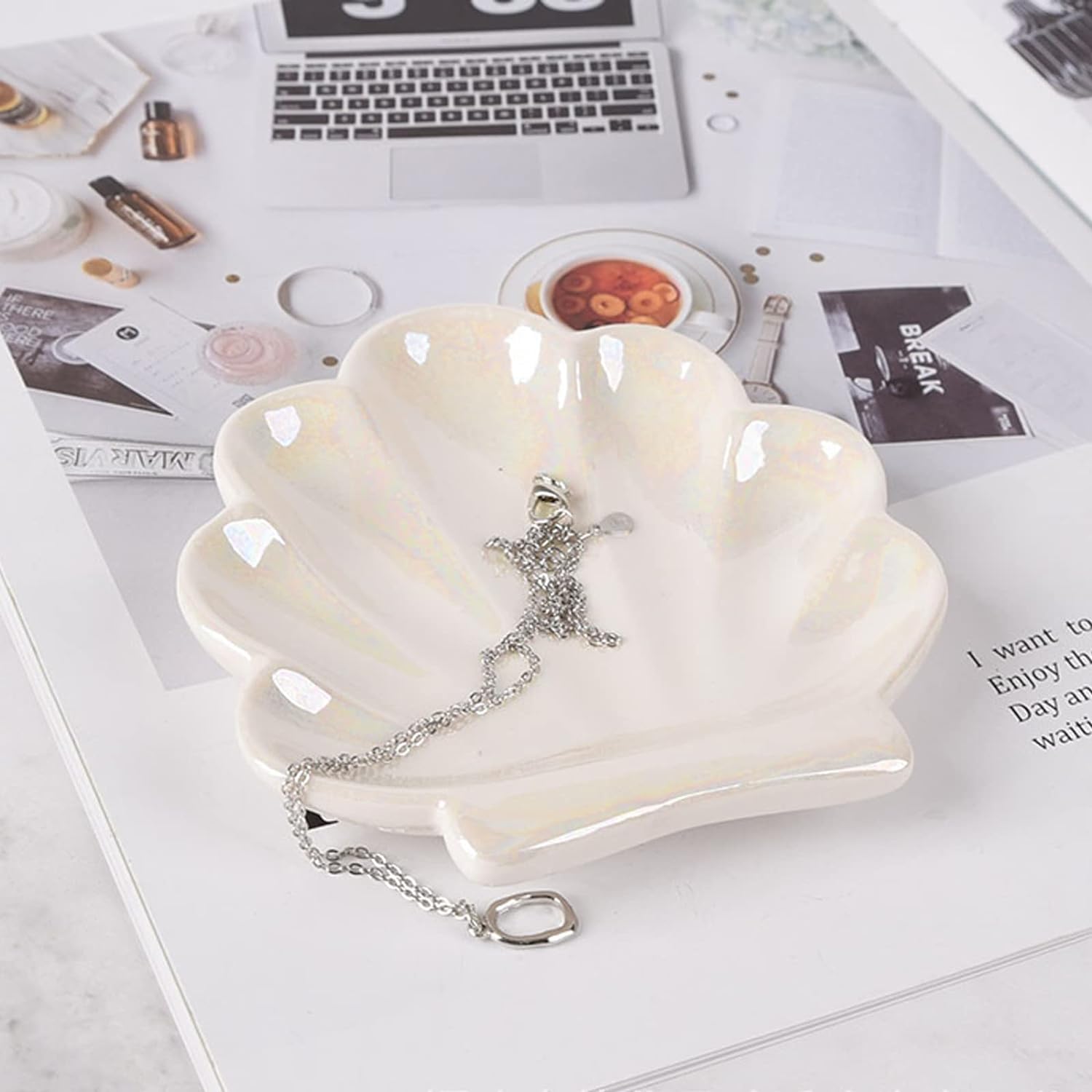 Shell Trinket Dish, Ceramic Ring Holder/Jewelry Tray, Cute Organizer Plate Vanity Decorations Accessories for Home Décor Bathroom