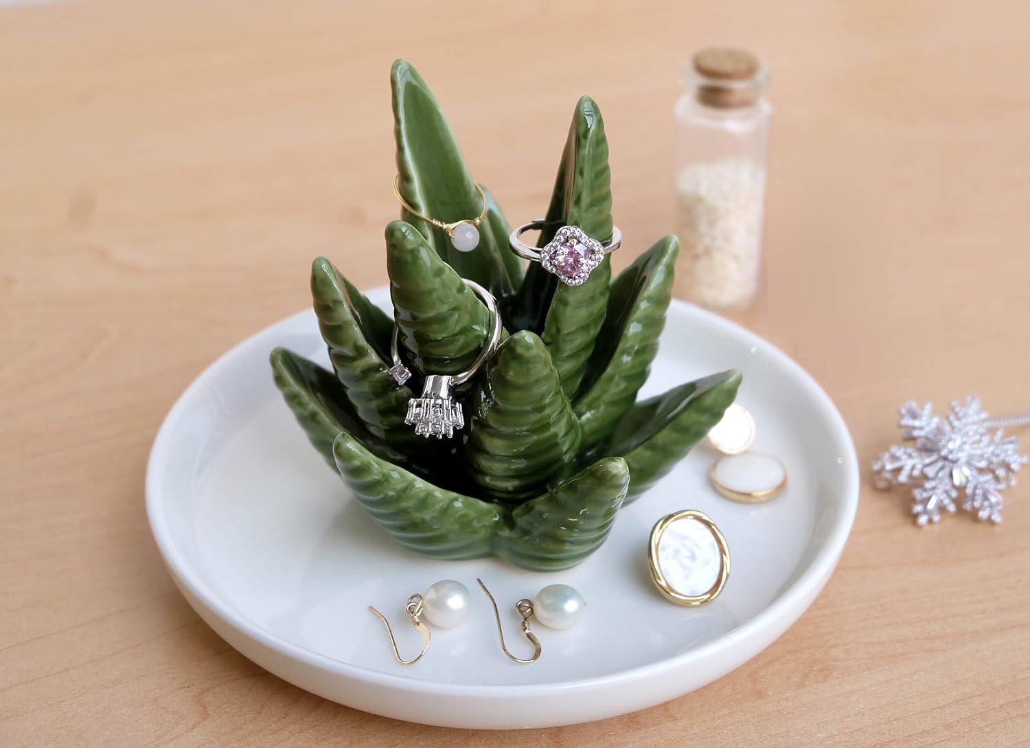 Aloe Ring Holder, Cactus Ring Dish, Jewelry Holder Trinket Tray for Rings Earrings Necklace Organizer,Bridesmaid Christmas Birthday Gift for Women Girls