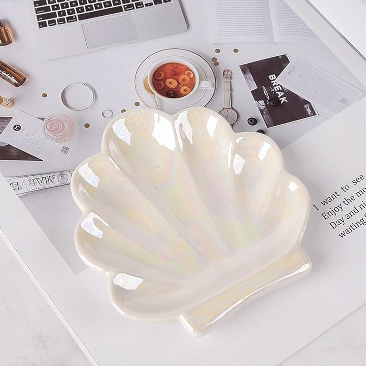 Shell Trinket Dish, Ceramic Ring Holder/Jewelry Tray, Cute Organizer Plate Vanity Decorations Accessories for Home Décor Bathroom