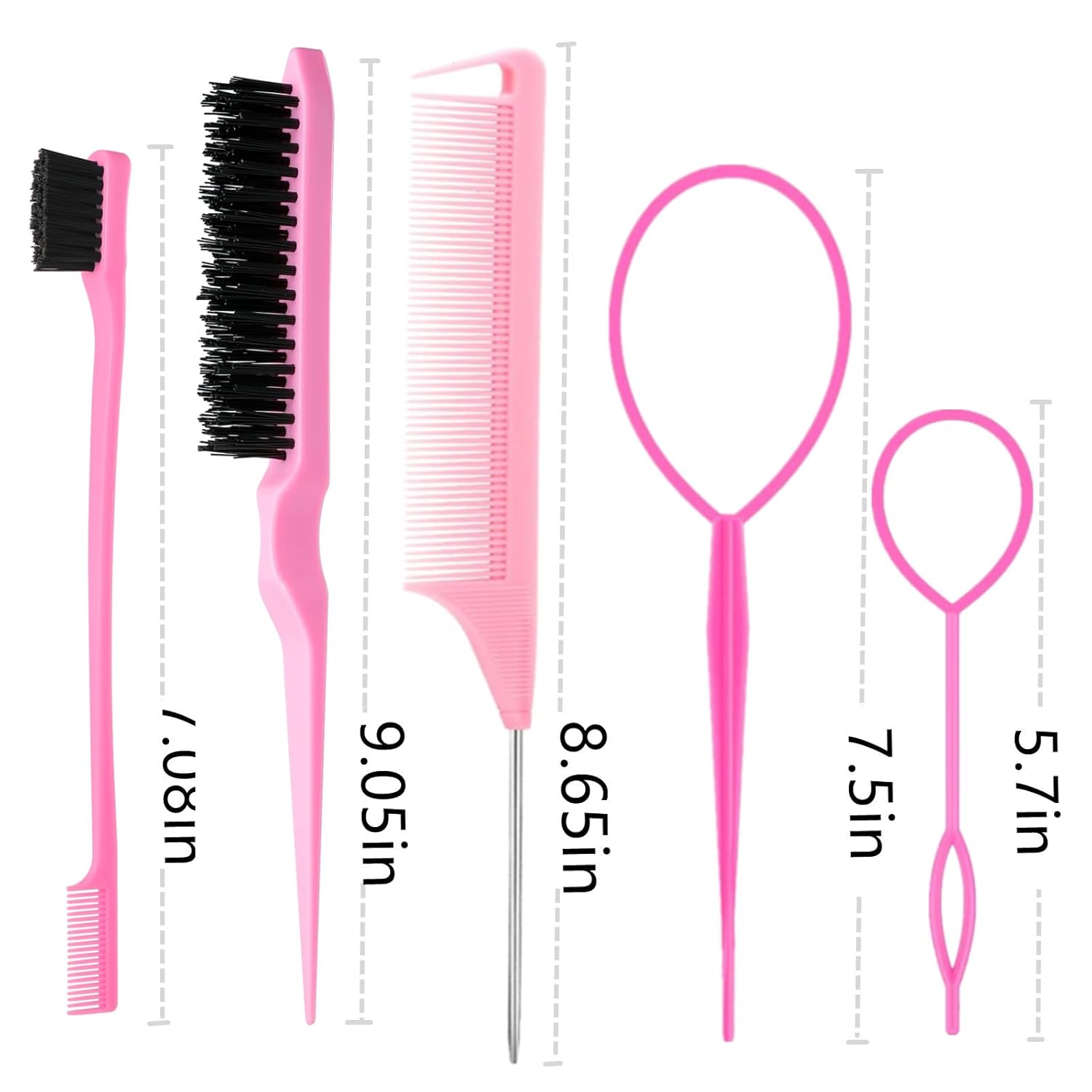 8Pcs Hair Brushes Set with 4Pcs Hair Tail Tools 1Pcs Bristle Teasing Hair Brush 1Pcs Edge Control Brush 2Pcs Metal Pin Rat Tail Combs for Woman Girl Hair Styling,Edge&Back Brushing,Pink