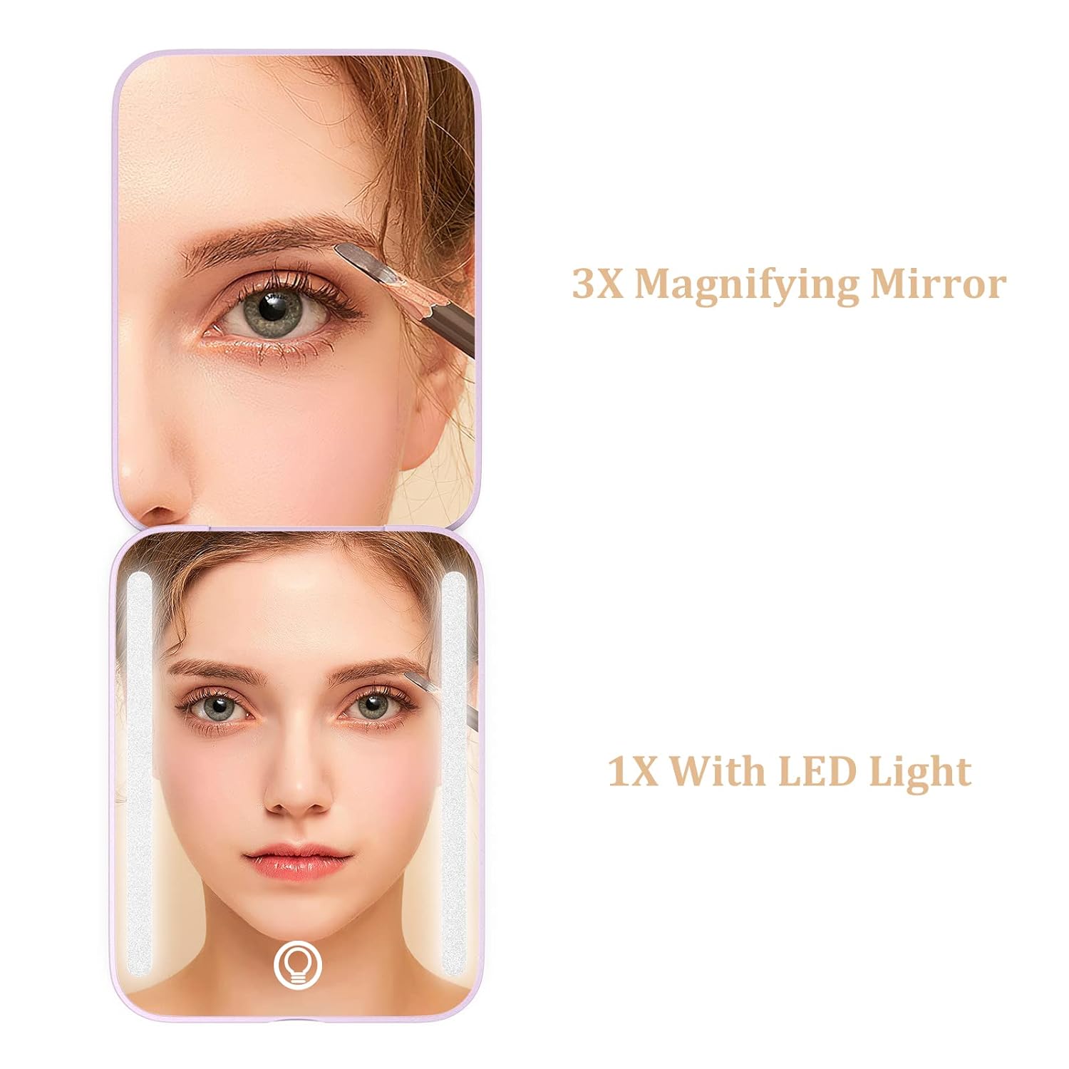 Rechargeable Travel Mirror,1x/3x Magnification Compact Mirror,3 Color Lights Pocket Mirror,Dimmable Portable Makeup Mirror,400mah,Small Mirror for Purse,Gifts,Purple