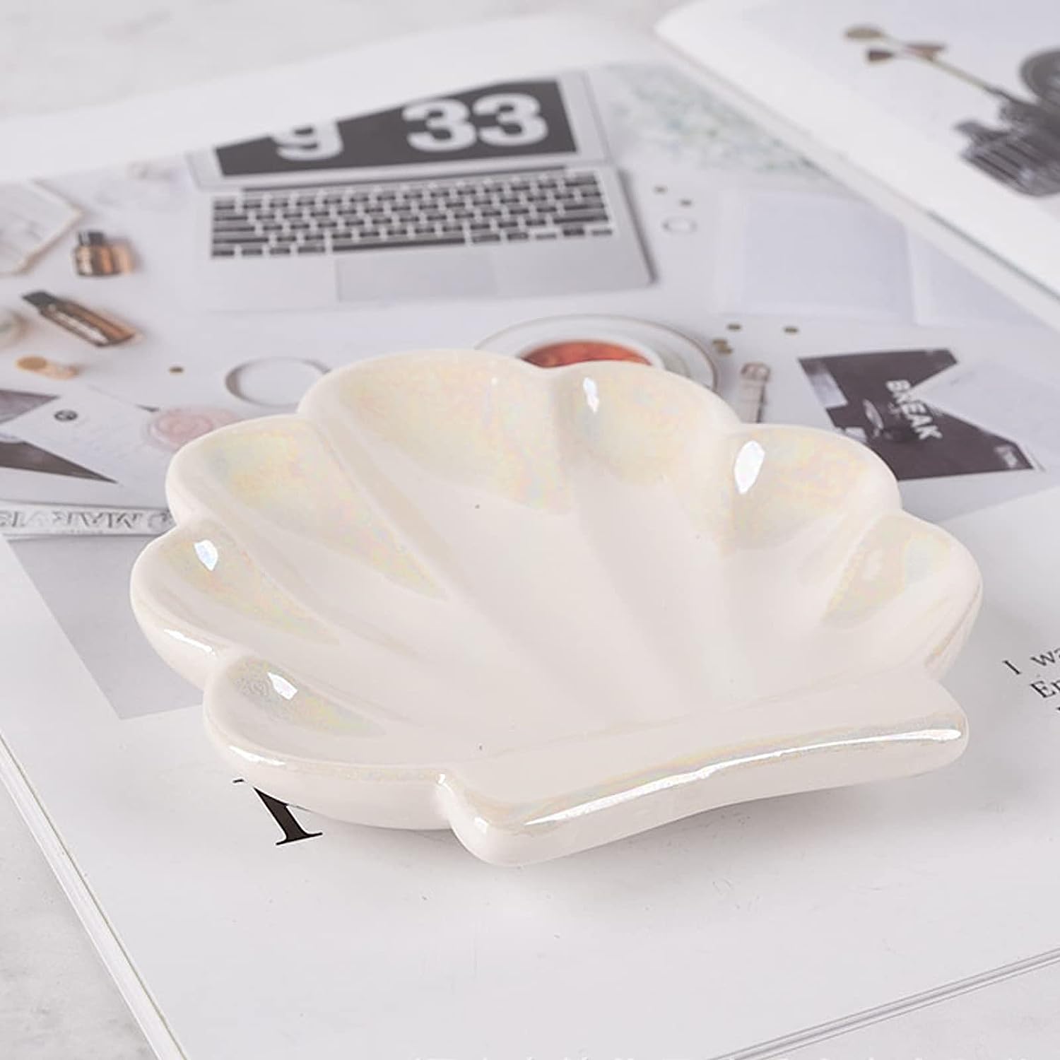 Shell Trinket Dish, Ceramic Ring Holder/Jewelry Tray, Cute Organizer Plate Vanity Decorations Accessories for Home Décor Bathroom