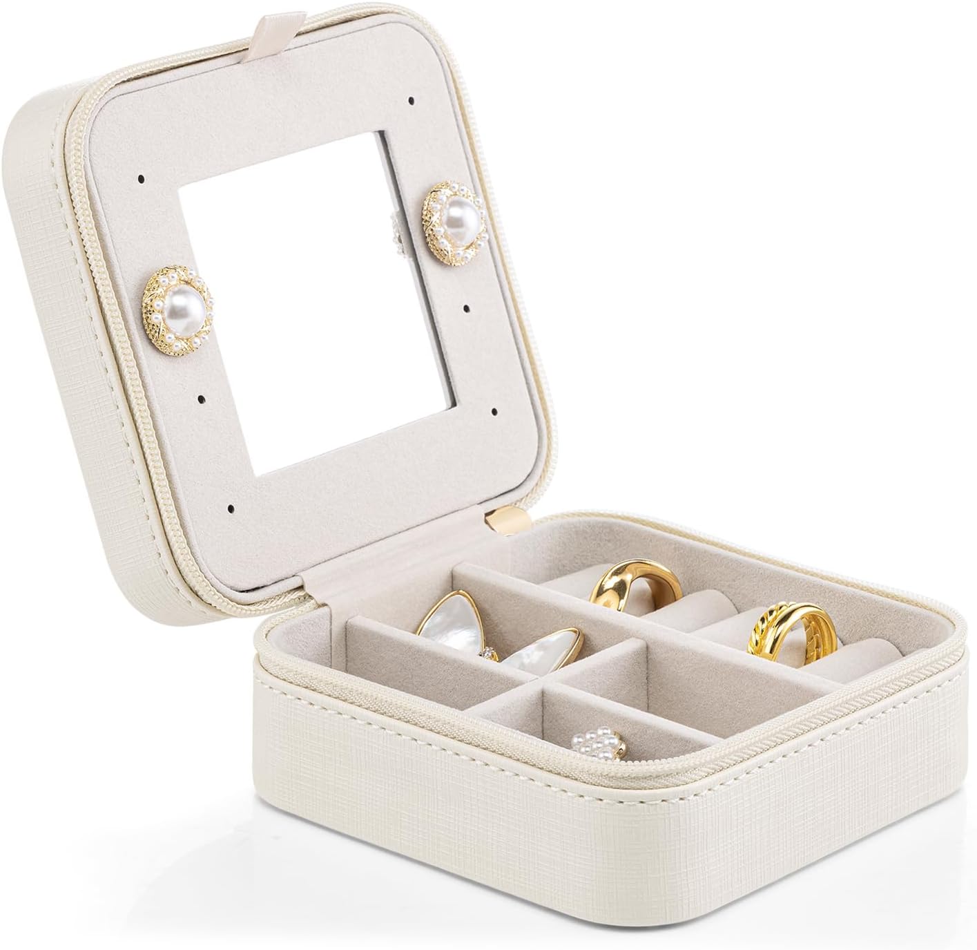 Small Travel Jewelry Box Organizer - Mirrored Carry-on Jewelries Necklaces Rings Earrings Necklace Storage Case, Beige