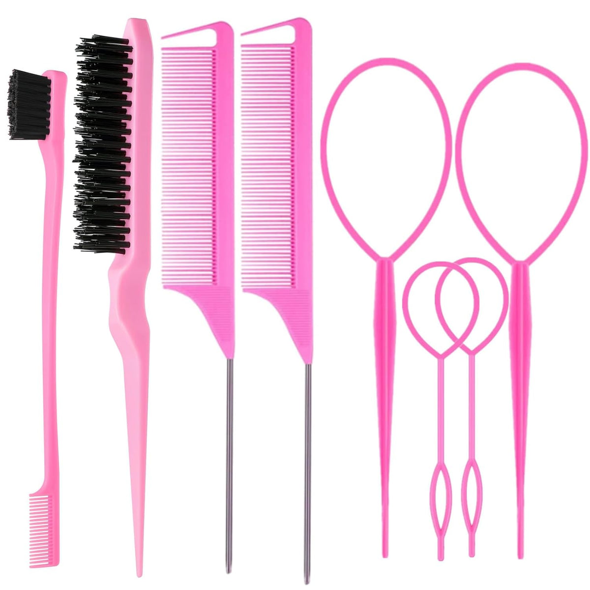 8Pcs Hair Brushes Set with 4Pcs Hair Tail Tools 1Pcs Bristle Teasing Hair Brush 1Pcs Edge Control Brush 2Pcs Metal Pin Rat Tail Combs for Woman Girl Hair Styling,Edge&Back Brushing,Pink