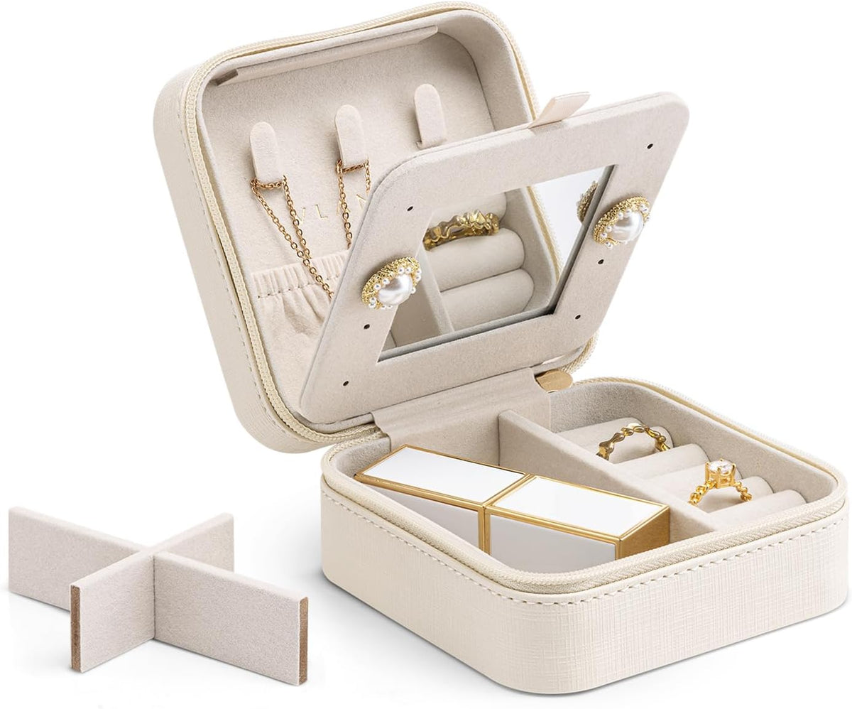 Small Travel Jewelry Box Organizer - Mirrored Carry-on Jewelries Necklaces Rings Earrings Necklace Storage Case, Beige