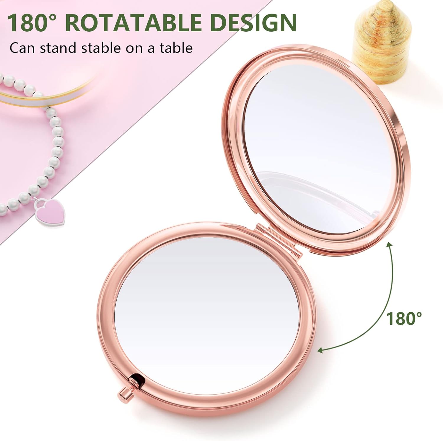 Compact Mirror, Pocket Travel Makeup Mirror, 2-Sided 2X/1X Magnification Compact Mirror, Small Folding Portable Handheld Mirror for Purses, Gift for Mom Women, 2.75In Rose Gold(Pink Marble)