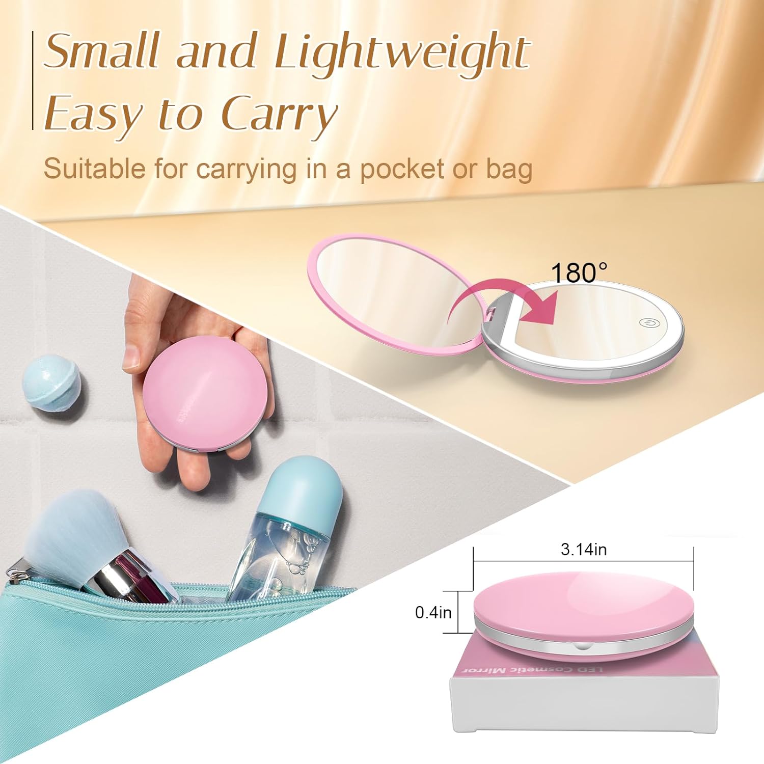 Compact Mirror with Light, 1X/3X Magnification LED Pocket Mirror with USB Data Cable, Pink Mini Mirror for Purse, Pocket,Travel and Gift