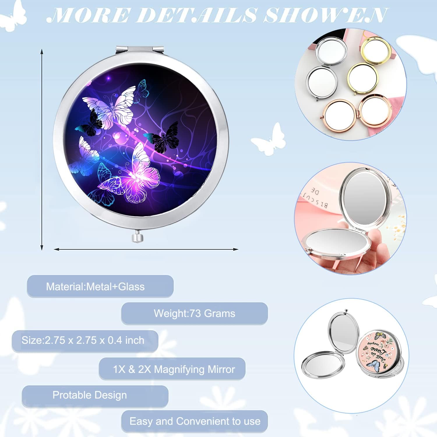 Compact Mirror for Women,Round Mini Pocket Travel Makeup Mirror,Pretty Portable Folding Small Pocket Mirror for Handbag,Purse, Handheld Pocket Mirror(Silver Purple Butterfly)