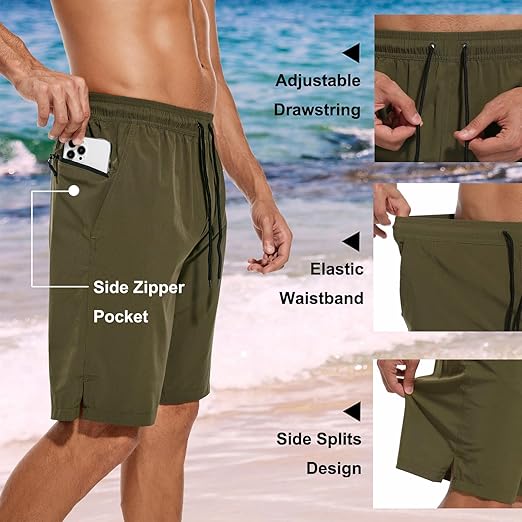 Mens Swim Trunks Quick Dry Bathing Suit 9 inch Inseam Board Shorts with Compression Liner and Zipper Pocket