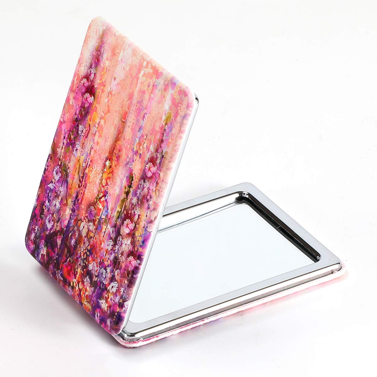 Compact Mirror Square Pu Leather Makeup Mirror for Purses Small Pocket Mirror Portable Hand Mirror Double-Sided with 2 x 1x Magnification for Woman Mother Great Gift - Flower