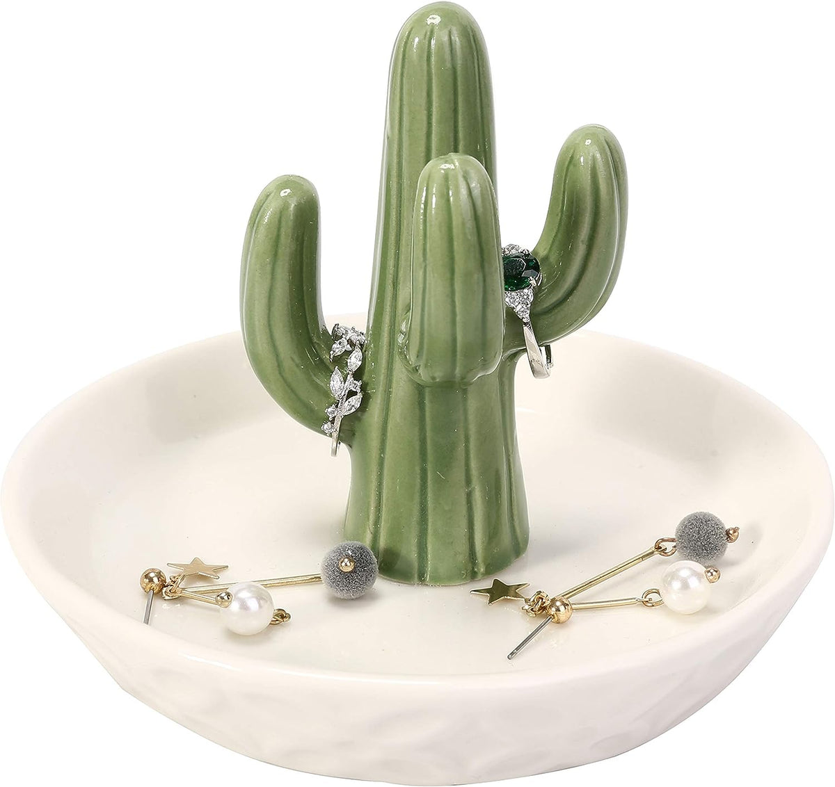 Ceramic Cactus Ring Holder with Derorative White Dish for Jewelry,Christmas Birthday Gifts for Women