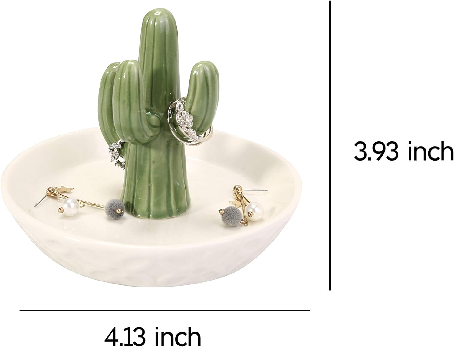 Ceramic Cactus Ring Holder with Derorative White Dish for Jewelry,Christmas Birthday Gifts for Women