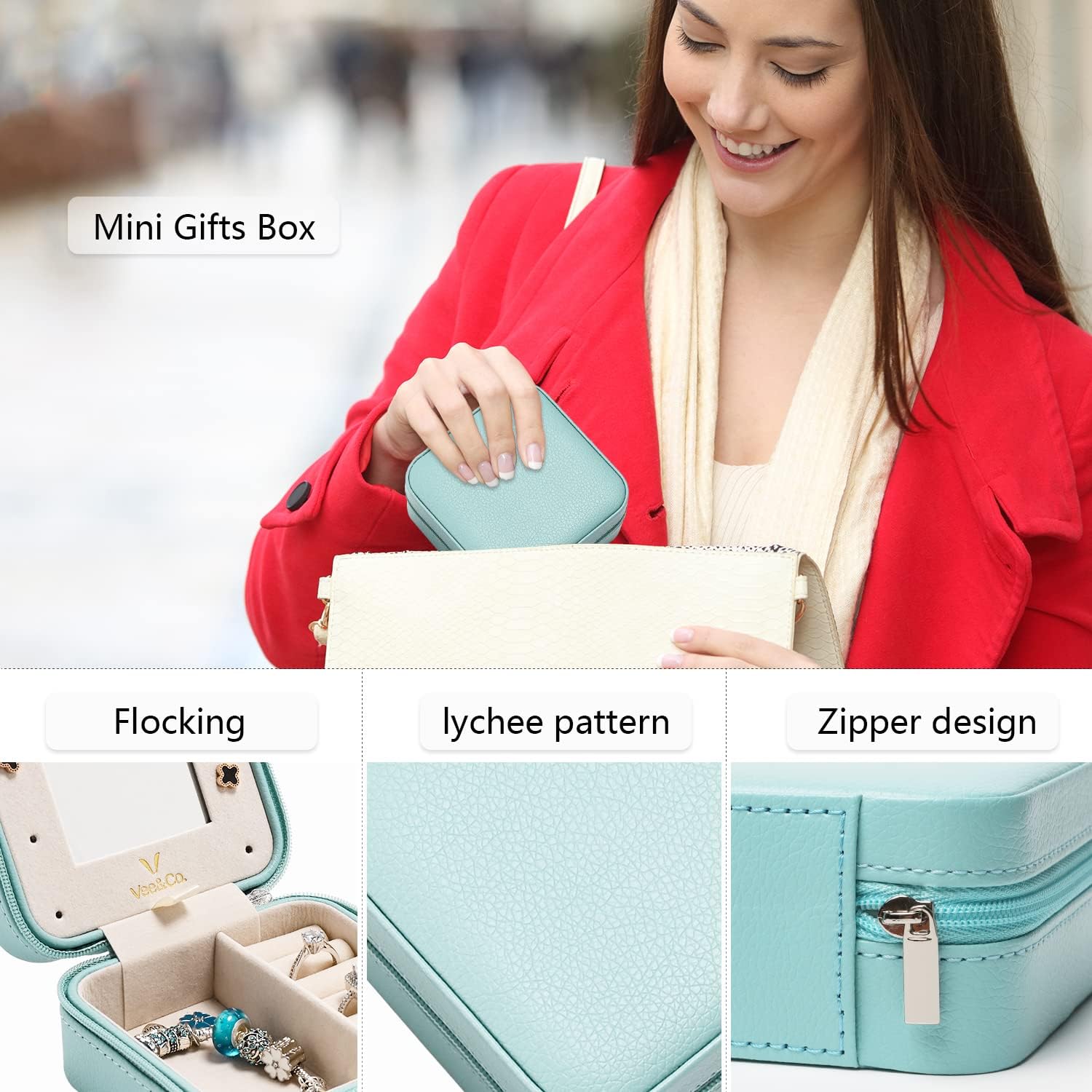 Women's Day Gifts 2024 Small Travel Jewelry Case, Mini Jewelry Organizer with Mirror Portable Display Storage Jewelry Box for Earrings, Rings, Necklaces, Bracelet for Women Girls (Blue)