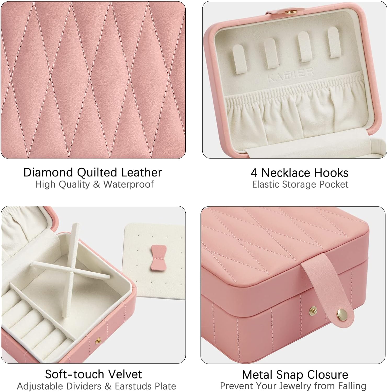 Jewelry Travel Case, Diamond Quilted Leather Portable Jewelry Boxes for Women Girls Gift, Small Jewelry Box Organizer for Necklaces, Bracelet, Earrings, Rings (Pink)