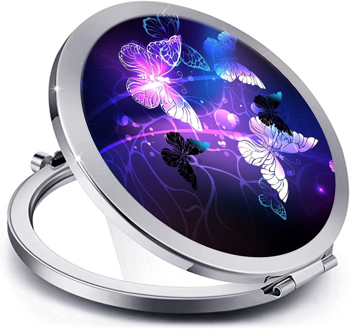 Compact Mirror for Women,Round Mini Pocket Travel Makeup Mirror,Pretty Portable Folding Small Pocket Mirror for Handbag,Purse, Handheld Pocket Mirror(Silver Purple Butterfly)