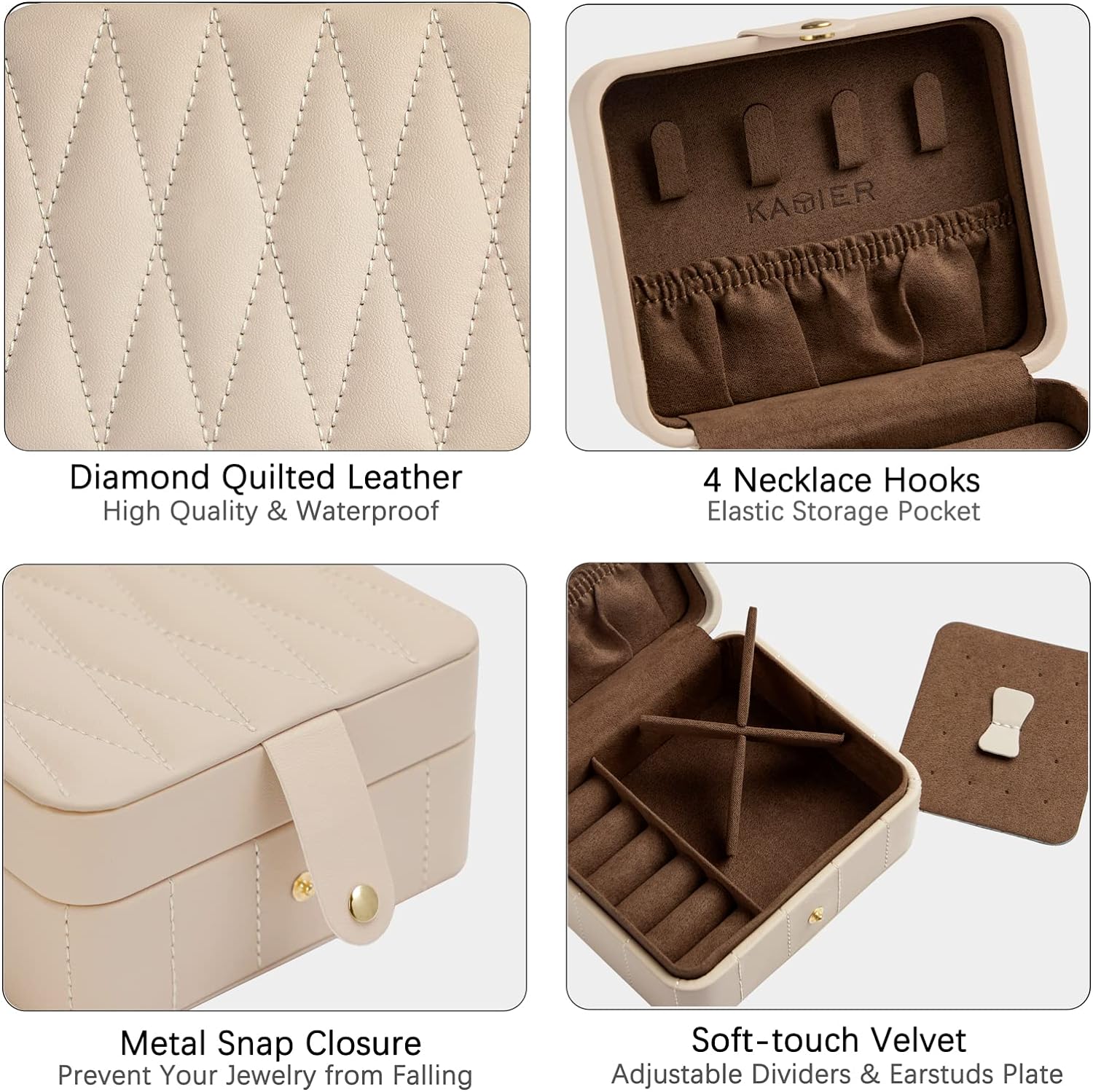 Travel Jewelry Case, Diamond Quilted Leather Portable Jewelry Boxes for Women Girls Gift, Small Jewelry Box Organizer for Necklaces, Bracelet, Earrings, Rings (Beige)