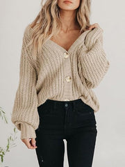 Women's Chunky Knit Open Front Sweater Long Sleeve Button Loose Short Cardigan Outerwear Coats