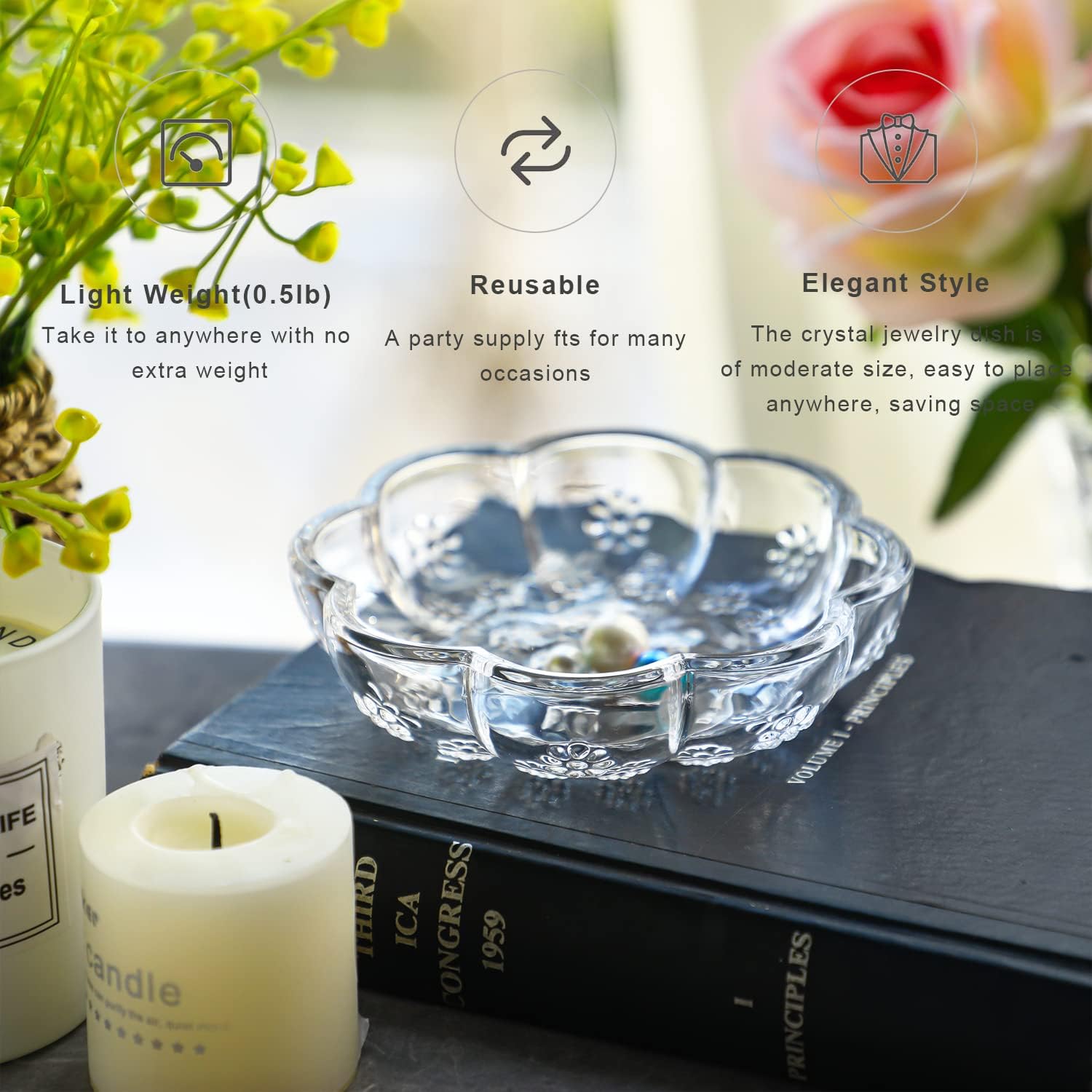 4.9'' Clear Crystal Jewelry Tray, Flower Shaped Glass Trinket Dish for Rings Earrings Necklaces Bracelet Watch Keys, Birthday Mother's Day Christmas Gift for Women