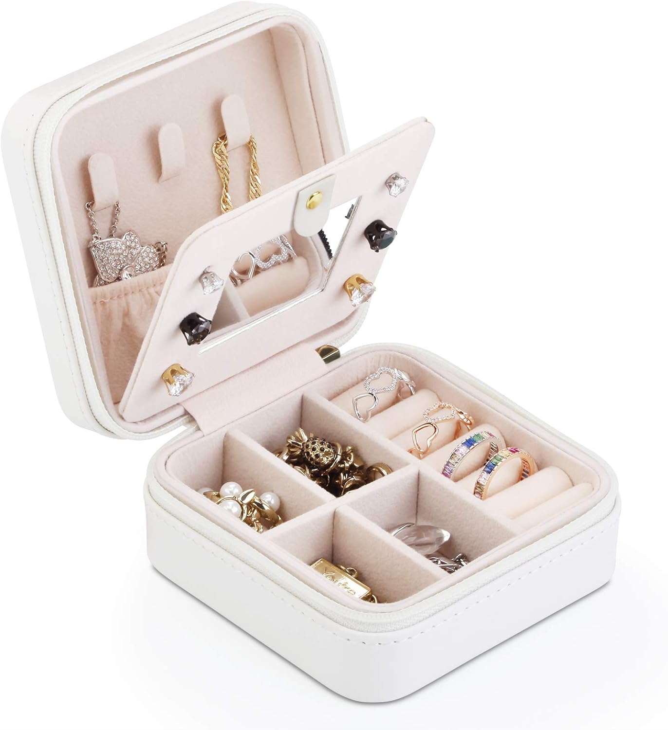 Jewelry Organizer Travel Box - Portable Mirror Jewelry Storage Case White