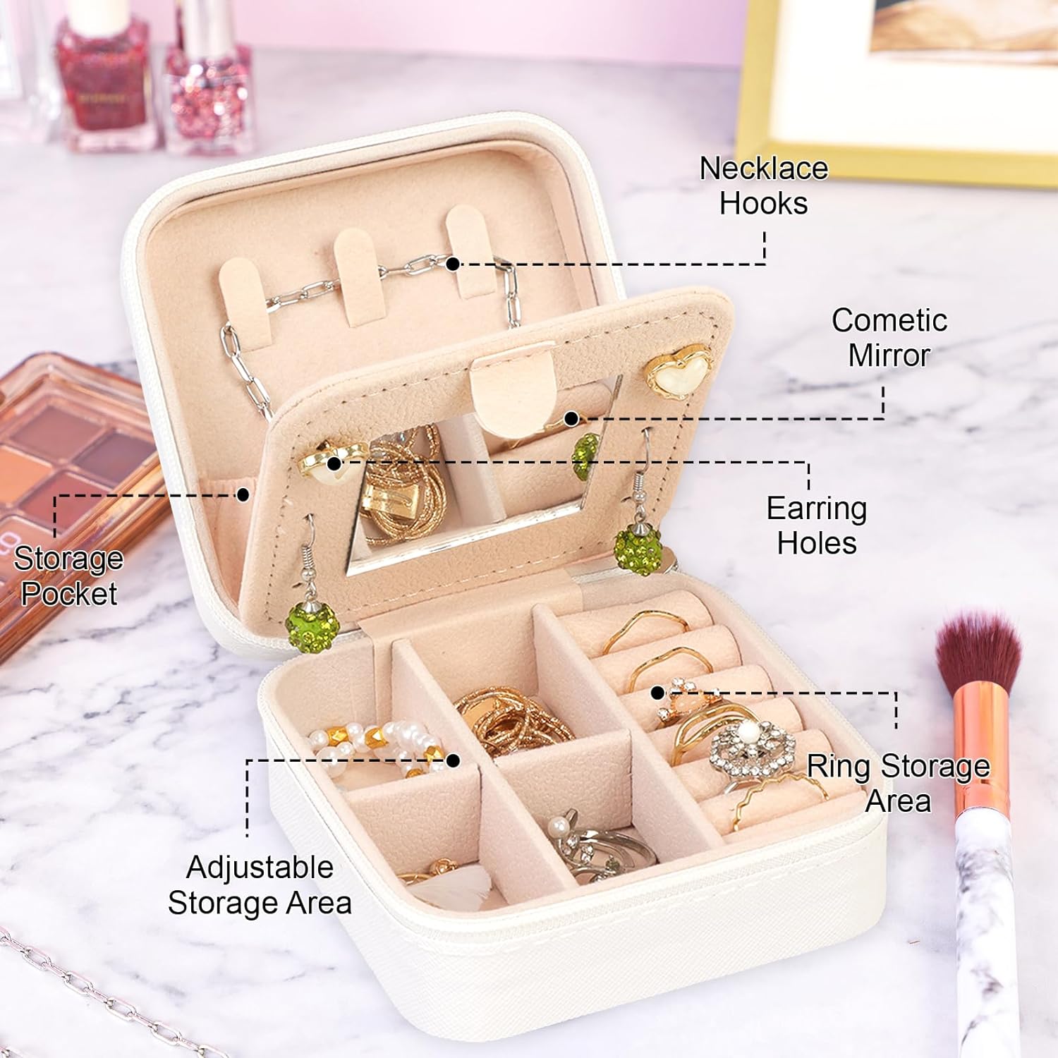 Travel Jewelry Case Organizer, Gifts for Women, Small Jewelry Box Jewelry Organizer, Necklace Organizer Earring Organizer Box with Mirror, White Travel Essentials Initial L