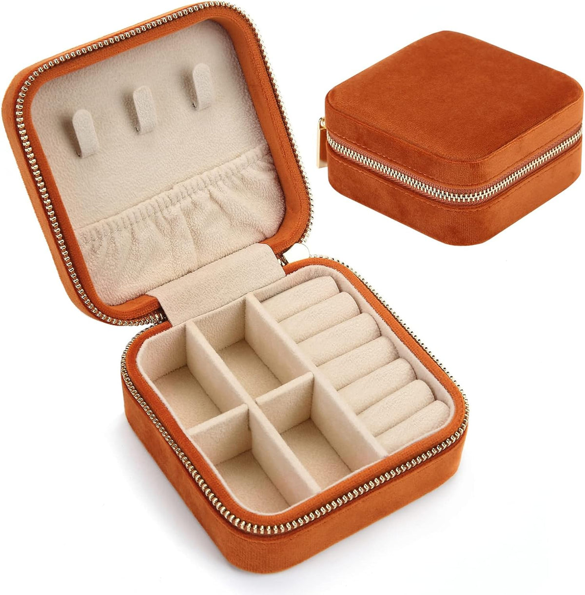 Plush Velvet Travel Jewelry Case Organizer,Small Travel Jewelry Box,Portable Jewelry Box Travel Mini Organizer Portable Display Storage Box For Rings Earrings Necklaces Gifts (Caramel)