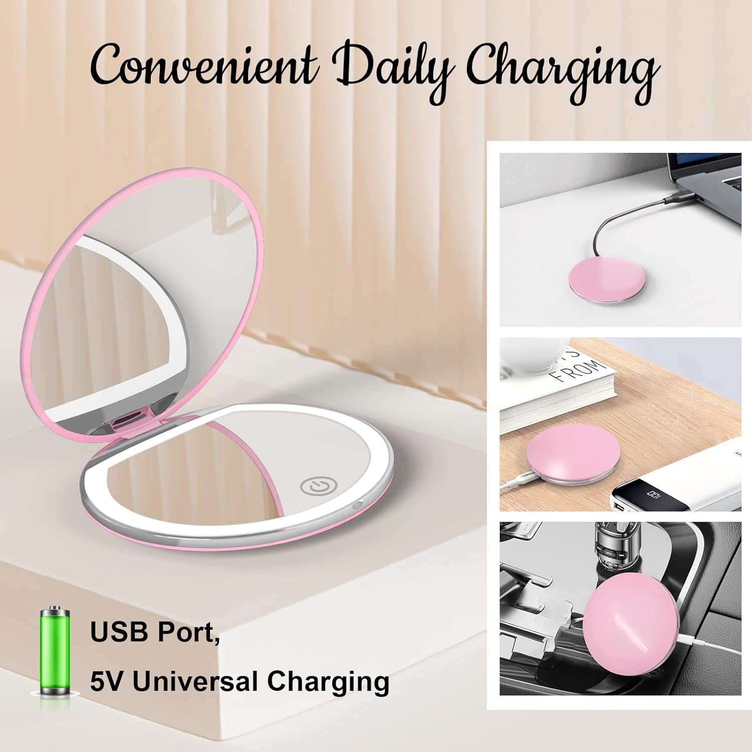 Compact Mirror with Light, 1X/3X Magnification LED Pocket Mirror with USB Data Cable, Pink Mini Mirror for Purse, Pocket,Travel and Gift