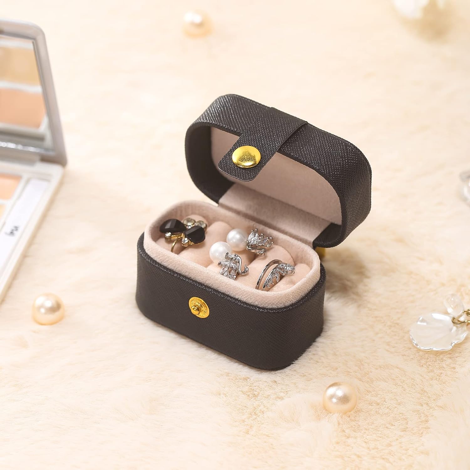 Small Jewelry Ring Box Mini Travel Jewelry Case Portable Ring Storage Case for Rings Earrings, Gifts for Women Girls, Black