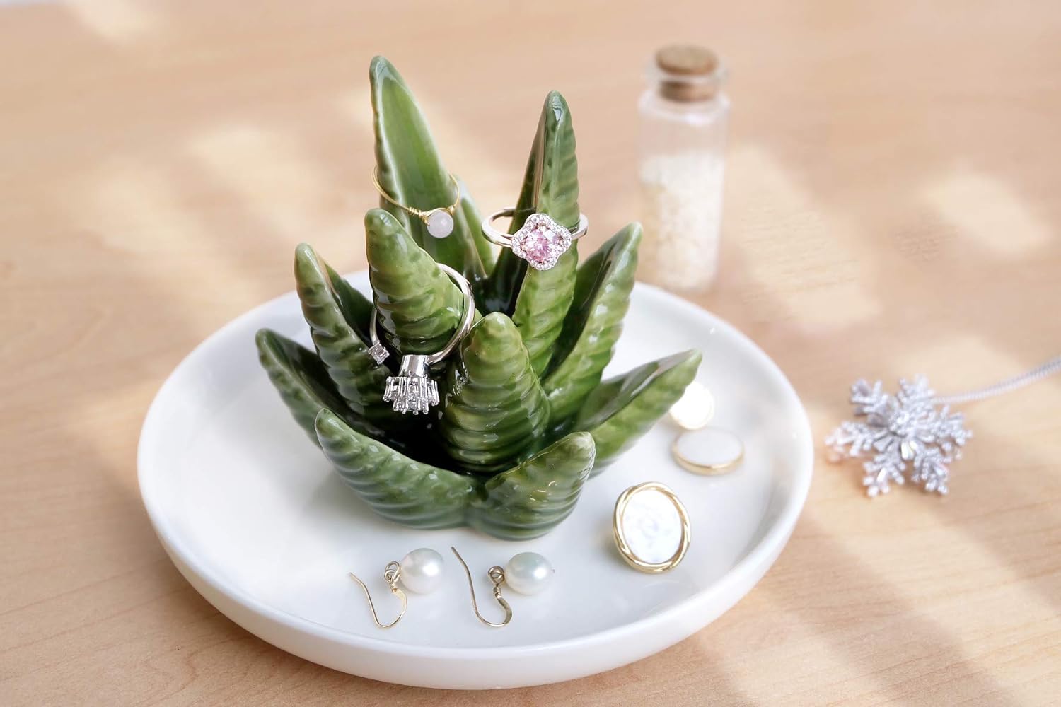 Aloe Ring Holder, Cactus Ring Dish, Jewelry Holder Trinket Tray for Rings Earrings Necklace Organizer,Bridesmaid Christmas Birthday Gift for Women Girls