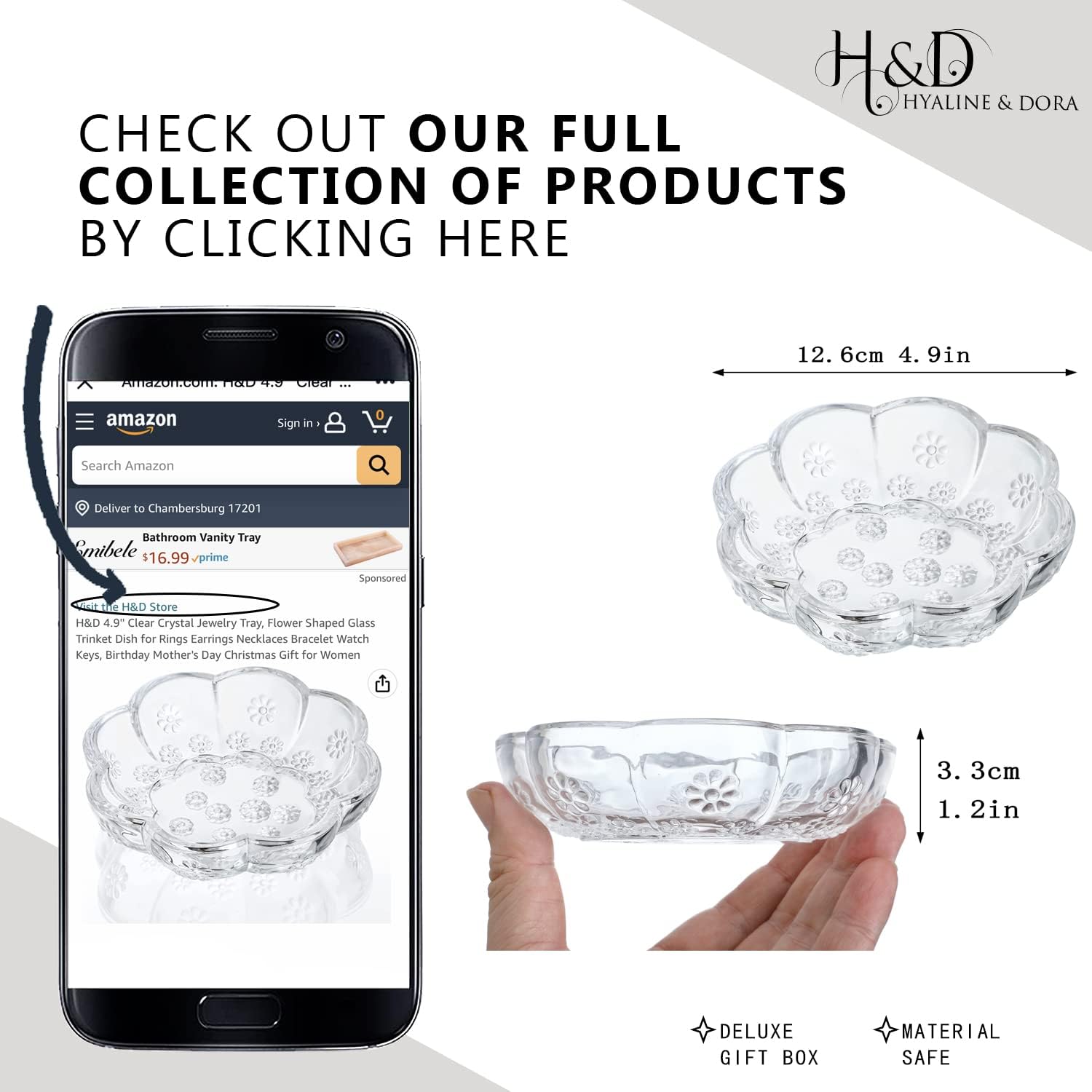 4.9'' Clear Crystal Jewelry Tray, Flower Shaped Glass Trinket Dish for Rings Earrings Necklaces Bracelet Watch Keys, Birthday Mother's Day Christmas Gift for Women