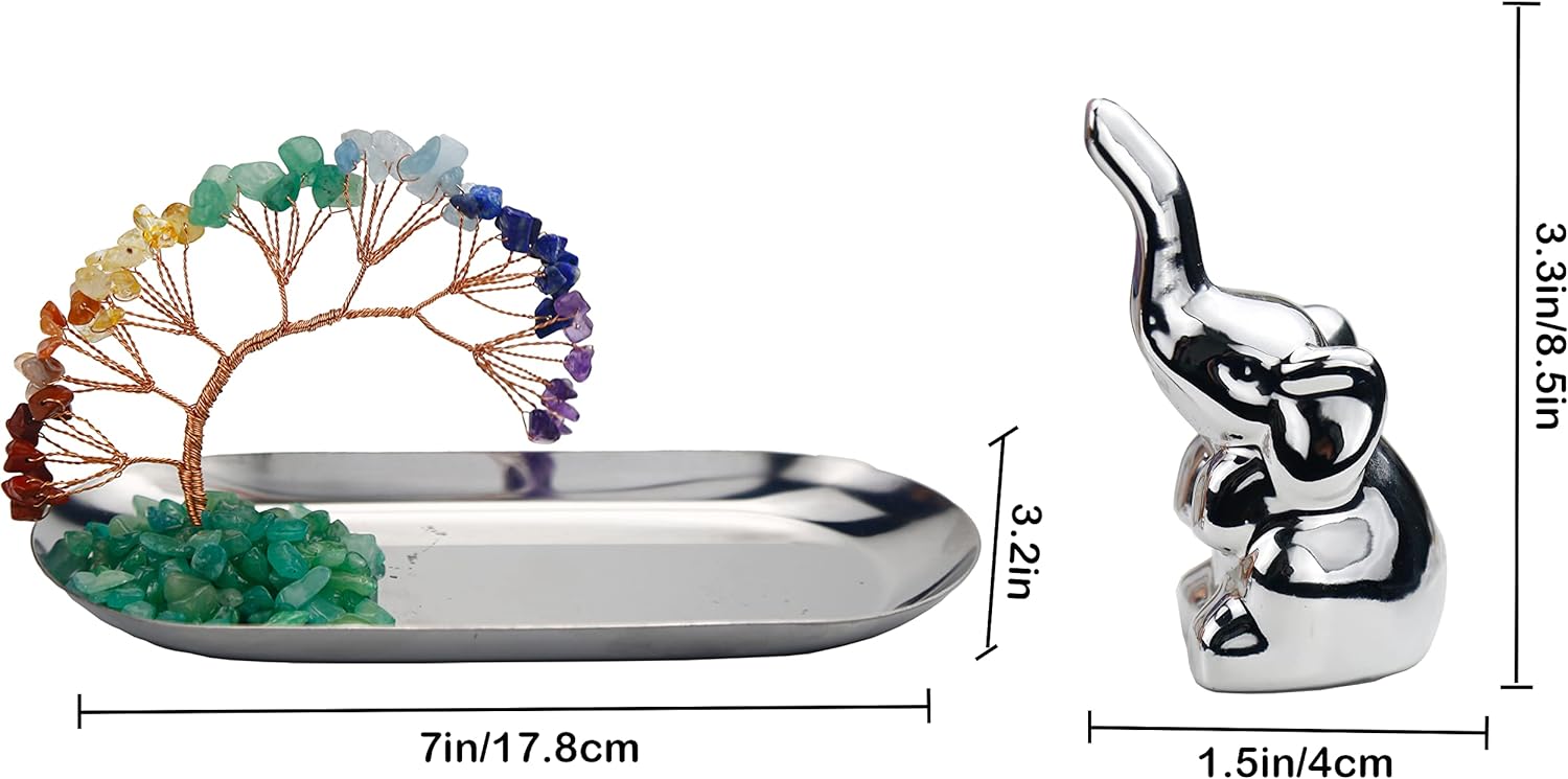 Elephant Ring Holder for Jewelry, Elephant Gifts for Women, Chakra Crystal Tree Ring Dish Earrings Box Organizer Trinket Tray, Living Room Bathroom Home Decoration, Mothers Day Mom Gifts