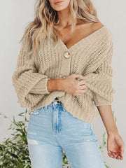 Women's Chunky Knit Open Front Sweater Long Sleeve Button Loose Short Cardigan Outerwear Coats