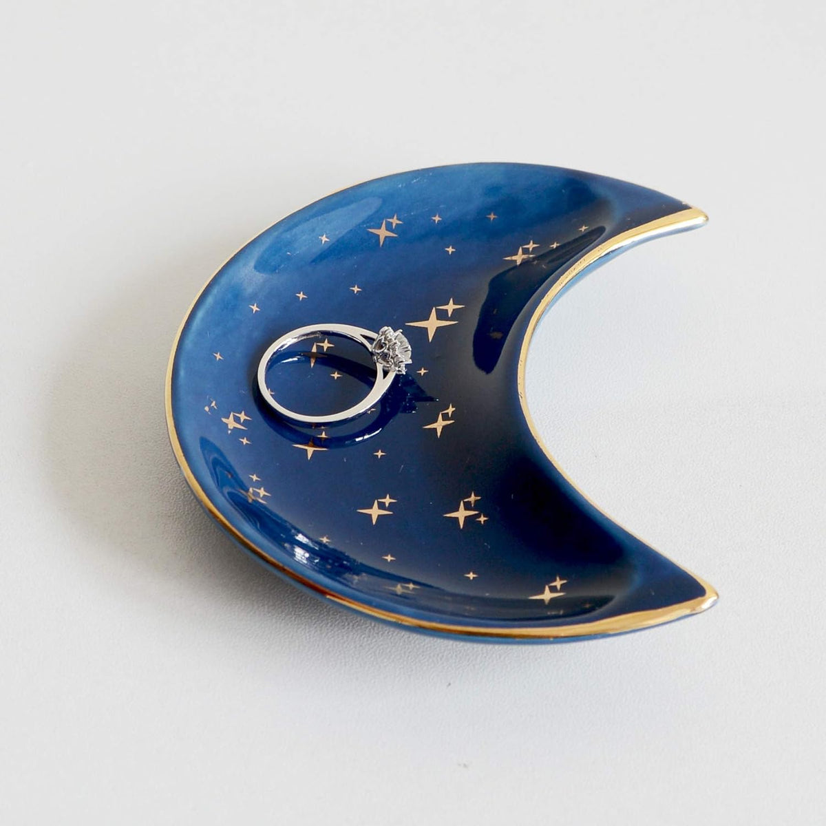 Small Moon Jewelry Dish Tray, Decorative Ceramic Trinket Dish, Modern Accent Tray for Vanity, Blue