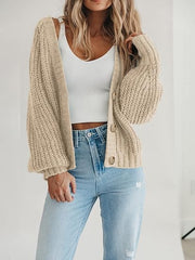 Women's Chunky Knit Open Front Sweater Long Sleeve Button Loose Short Cardigan Outerwear Coats