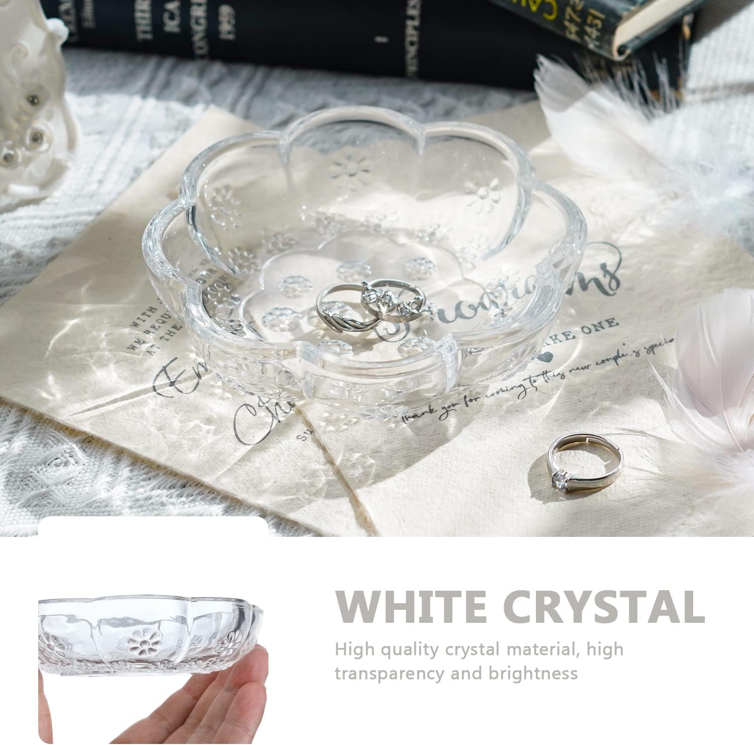 4.9'' Clear Crystal Jewelry Tray, Flower Shaped Glass Trinket Dish for Rings Earrings Necklaces Bracelet Watch Keys, Birthday Mother's Day Christmas Gift for Women