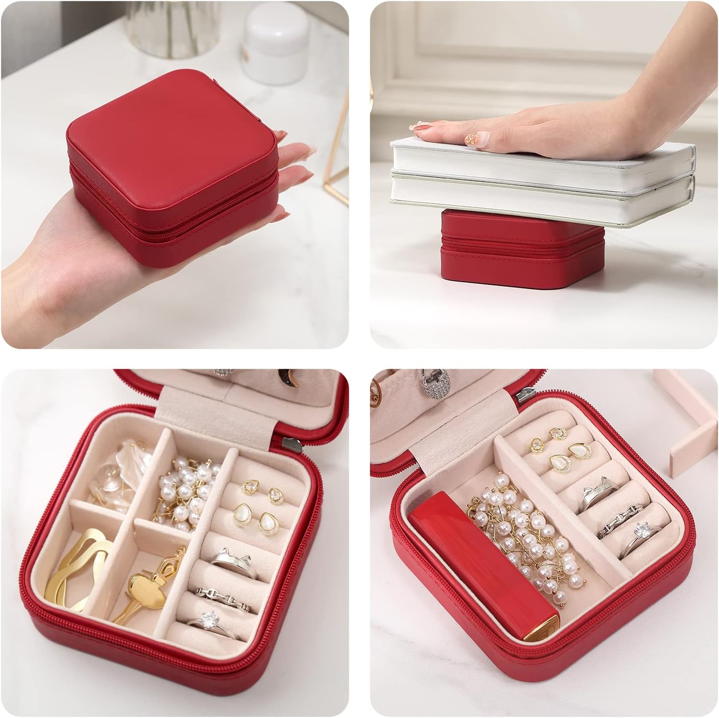 Travel Jewelry Case, Small Jewelry Box Portable Jewelry Travel Organizer Display Storage Case for Rings Earring Necklace Bracelet, Gift for Women Girls, Red