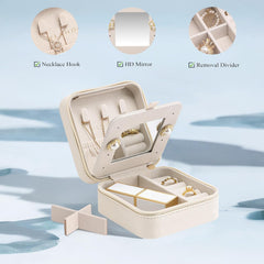 Small Travel Jewelry Box Organizer - Mirrored Carry-on Jewelries Necklaces Rings Earrings Necklace Storage Case, Beige